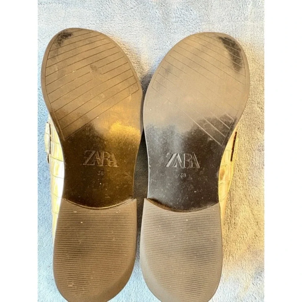 Zara Gold Metallic Croc Embossed Penny Loafers Size 38 Slip On‎ Shoes